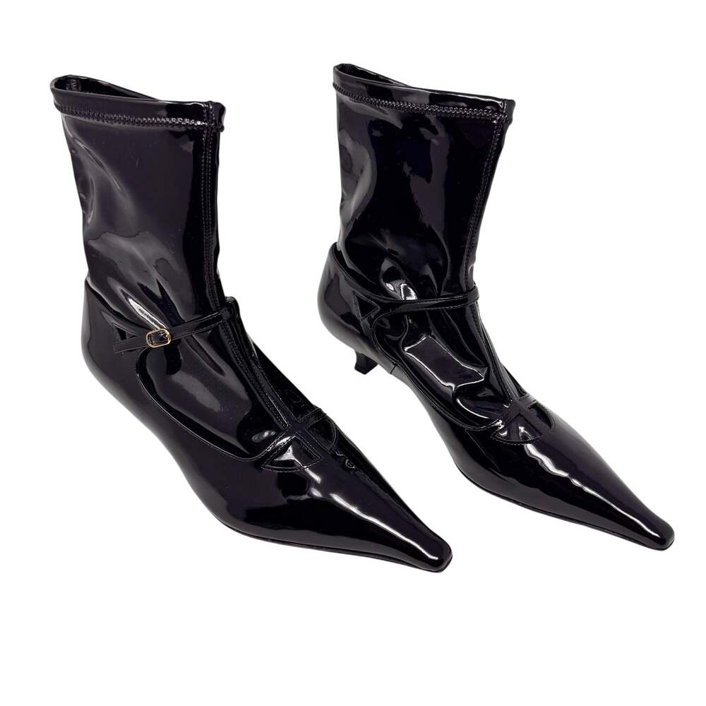 The Row Cyd Boot Black Patent Leather Kitten Heel Ankle Boots 37